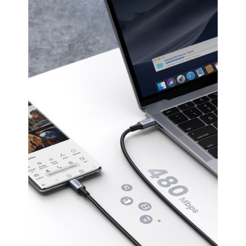 Kabel przewód USB-C w oplocie 5A 480Mb/s 0.5m czarno szary Kabel przewód USB-C w oplocie 5A 480Mb/s 0.5m czarno szary