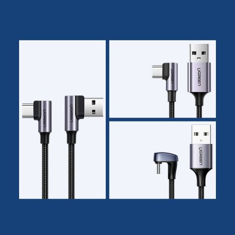 Kątowy kabel przewód w oplocie USB - USB-C Quick Charge 3.0 2m szary Kątowy kabel przewód w oplocie USB - USB-C Quick Charge 3.0 2m szary