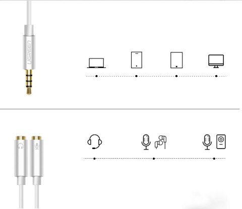 Rozdzielacz słuchawkowy 3.5mm mini jack AUX + mikrofon stereo 20cm srebrny Rozdzielacz słuchawkowy 3.5mm mini jack AUX + mikrofon stereo 20cm srebrny
