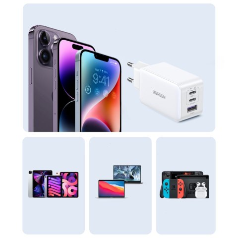 Szybka ładowarka sieciowa GaN 65W USB-A / 2x USB-C biała Szybka ładowarka sieciowa GaN 65W USB-A / 2x USB-C biała