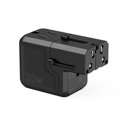 Uniwersalna ładowarka podróżna USB-C USB-A PD 20W wtyczki USA EU UK AU czarna Uniwersalna ładowarka podróżna USB-C USB-A PD 20W wtyczki USA EU UK AU czarna