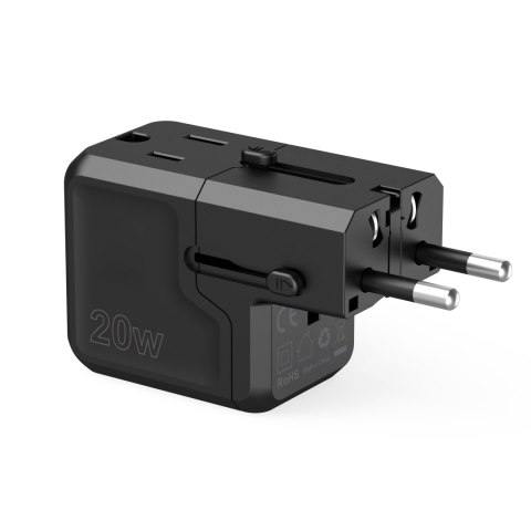 Uniwersalna ładowarka podróżna USB-C USB-A PD 20W wtyczki USA EU UK AU czarna Uniwersalna ładowarka podróżna USB-C USB-A PD 20W wtyczki USA EU UK AU czarna