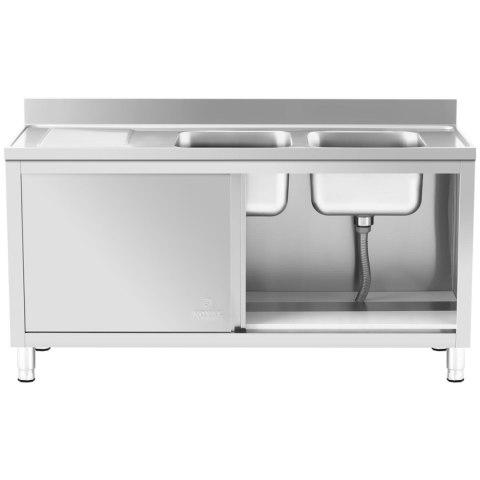 Zlew basen gastronomiczny dwukomorowy z szafką z drzwiami przesuwnymi 160 x 60 x 95 cm Zlew basen gastronomiczny dwukomorowy z szafką z drzwiami przesuwnymi 160 x 60 x 95 cm
