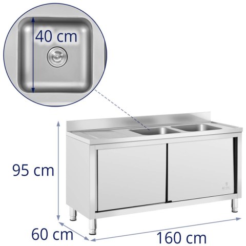 Zlew basen gastronomiczny dwukomorowy z szafką z drzwiami przesuwnymi 160 x 60 x 95 cm Zlew basen gastronomiczny dwukomorowy z szafką z drzwiami przesuwnymi 160 x 60 x 95 cm