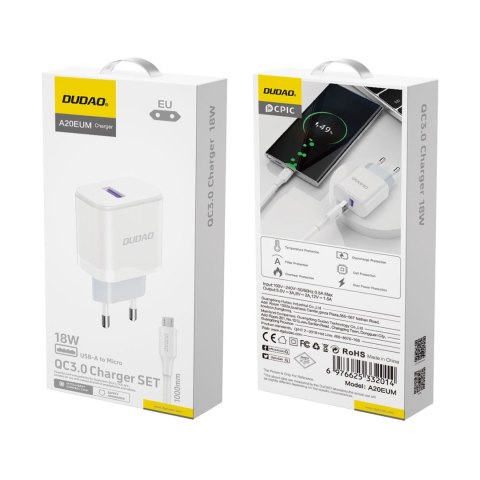Ładowarka sieciowa USB-A 18W z kablem USB-A - microUSB biała Ładowarka sieciowa USB-A 18W z kablem USB-A - microUSB biała