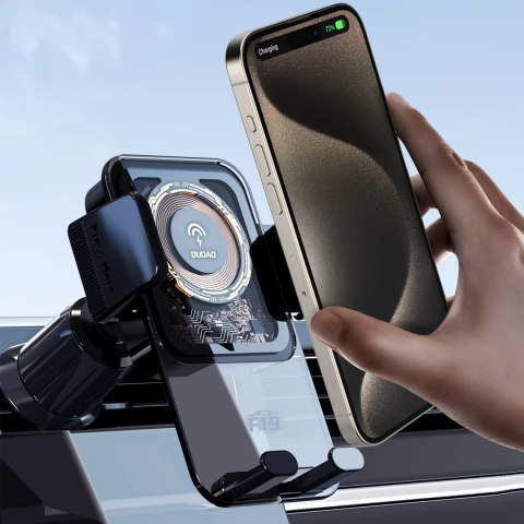 Uchwyt samochodowy F19 zaciskowy na telefon z ładowarką indukcyjną 15W czarny Uchwyt samochodowy F19 zaciskowy na telefon z ładowarką indukcyjną 15W czarny