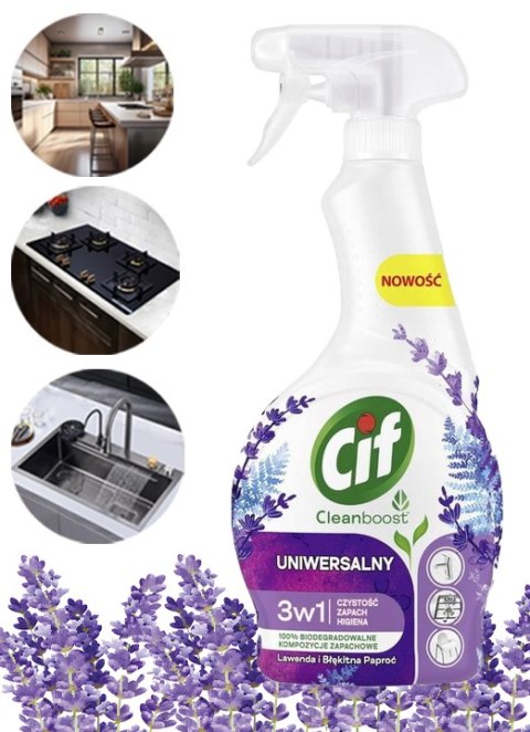 CIF Cleanboost Uniwersalny 3w1 Spray Czyszczacy Lawenda i Błekitna Paproć 500ml CIF Cleanboost Uniwersalny 3w1 Spray Czyszczacy Lawenda i Błekitna Paproć 500ml