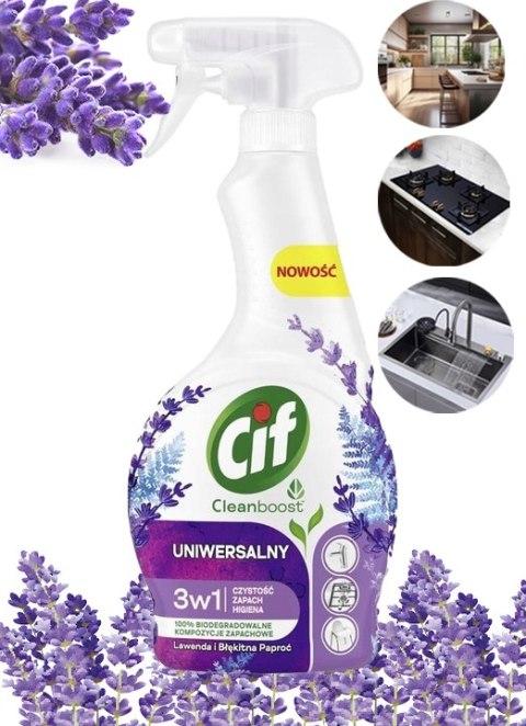 CIF Cleanboost Uniwersalny 3w1 Spray Czyszczacy Lawenda i Błekitna Paproć 500ml CIF Cleanboost Uniwersalny 3w1 Spray Czyszczacy Lawenda i Błekitna Paproć 500ml