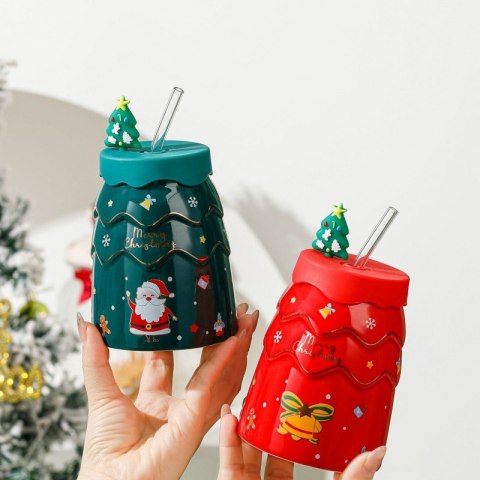 KUBEK ŚWIĄTECZNY - zestaw z silikonową pokrywką i rurką 400ml, czerwony KB06CZE KUBEK ŚWIĄTECZNY - zestaw z silikonową pokrywką i rurką 400ml, czerwony KB06CZE