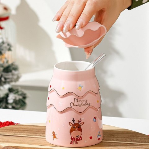 KUBEK ŚWIĄTECZNY - zestaw z silikonową pokrywką i rurką 400ml, różowy KB06R KUBEK ŚWIĄTECZNY - zestaw z silikonową pokrywką i rurką 400ml, różowy KB06R