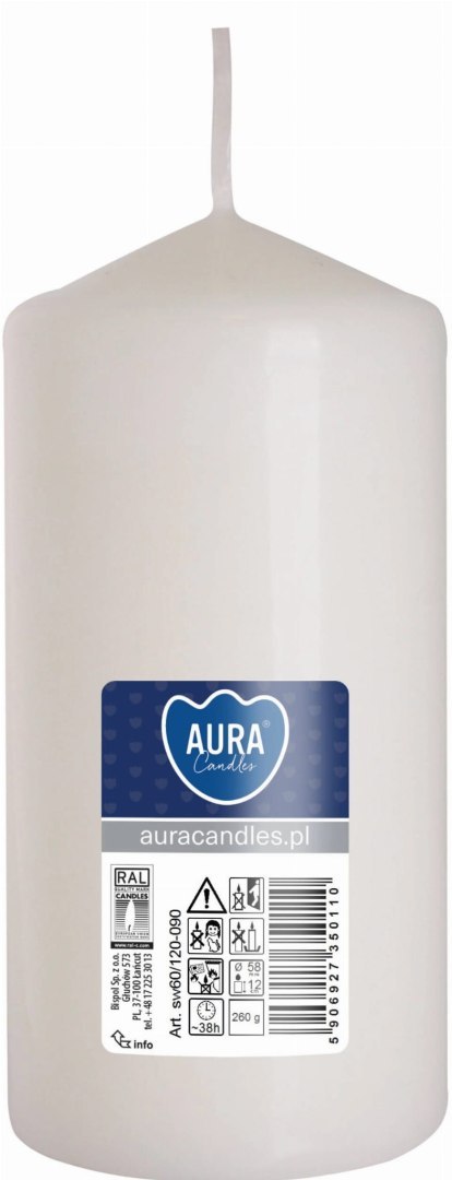 AURA Świeca Walec Biała 38h sw60/120-090 AURA Świeca Walec Biała 38h sw60/120-090