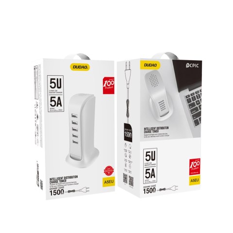 Ładowarka A5EU dla pięciu urządzeń 5x USB z wbudowanym kablem sieciowym biały Ładowarka A5EU dla pięciu urządzeń 5x USB z wbudowanym kablem sieciowym biały