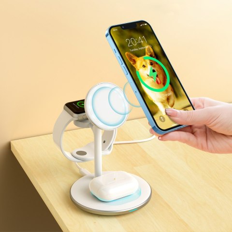 Ładowarka bezprzewodowa indukcyjna ze stojakiem do iPhone Apple Watch AirPods biały Ładowarka bezprzewodowa indukcyjna ze stojakiem do iPhone Apple Watch AirPods biały