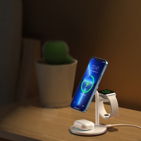 Ładowarka bezprzewodowa indukcyjna ze stojakiem do iPhone Apple Watch AirPods biały Ładowarka bezprzewodowa indukcyjna ze stojakiem do iPhone Apple Watch AirPods biały