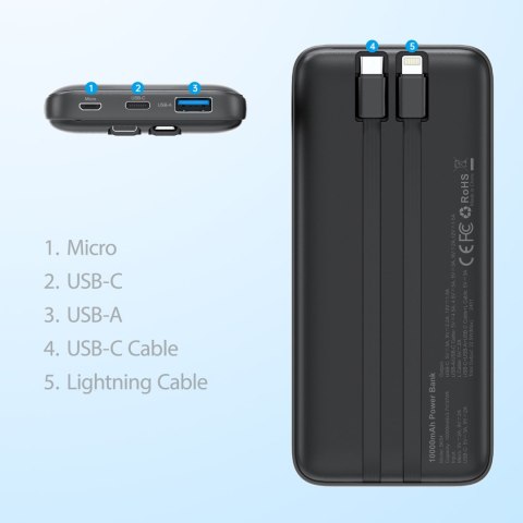 Powerbank 10000 mAh 22.5W USB-A USB-C micro USB z kablem USB-C i Lightning - czarny Powerbank 10000 mAh 22.5W USB-A USB-C micro USB z kablem USB-C i Lightning - czarny