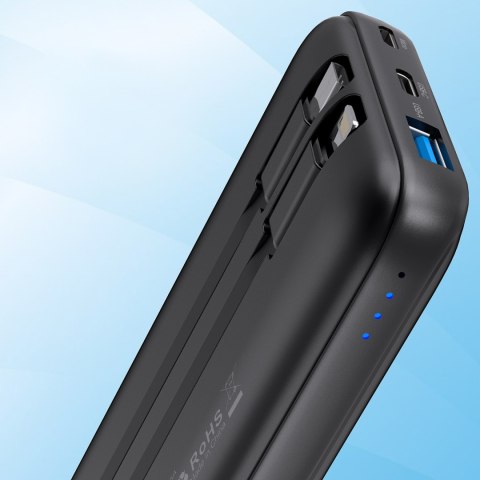 Powerbank 10000 mAh 22.5W USB-A USB-C micro USB z kablem USB-C i Lightning - czarny Powerbank 10000 mAh 22.5W USB-A USB-C micro USB z kablem USB-C i Lightning - czarny