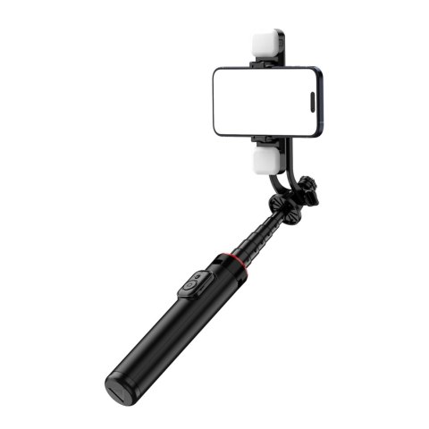 Selfie stick teleskopowy z pilotem + 2x lampka LED stojak tripod na telefon 1.3m aluminium - czarny Selfie stick teleskopowy z pilotem + 2x lampka LED stojak tripod na telefon 1.3m aluminium - czarny