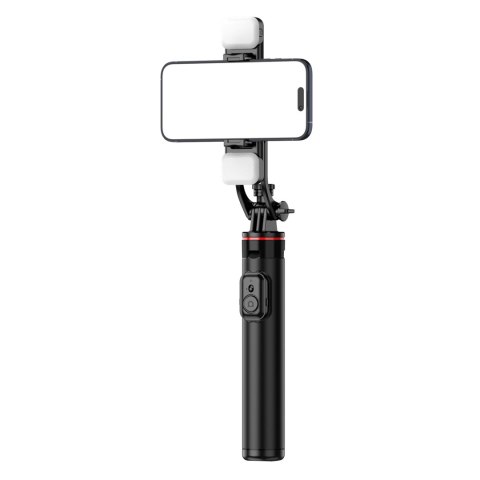 Selfie stick teleskopowy z pilotem + 2x lampka LED stojak tripod na telefon 1.3m aluminium - czarny Selfie stick teleskopowy z pilotem + 2x lampka LED stojak tripod na telefon 1.3m aluminium - czarny