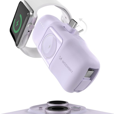Mini powerbank 5000mAh 15W USB-C i ładowarką do Apple Watch - fioletowy Mini powerbank 5000mAh 15W USB-C i ładowarką do Apple Watch - fioletowy
