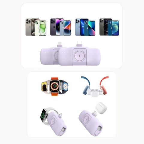 Mini powerbank 5000mAh 15W USB-C i ładowarką do Apple Watch - fioletowy Mini powerbank 5000mAh 15W USB-C i ładowarką do Apple Watch - fioletowy