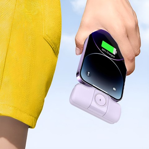 Mini powerbank 5000mAh 15W USB-C i ładowarką do Apple Watch - fioletowy Mini powerbank 5000mAh 15W USB-C i ładowarką do Apple Watch - fioletowy
