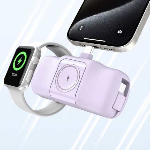 Mini powerbank 5000mAh 15W USB-C i ładowarką do Apple Watch - fioletowy Mini powerbank 5000mAh 15W USB-C i ładowarką do Apple Watch - fioletowy