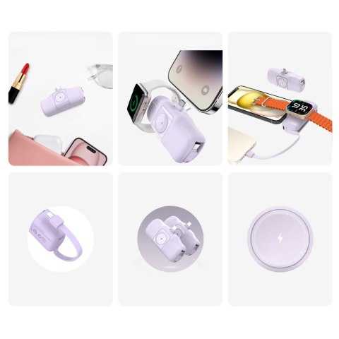 Mini powerbank 5000mAh 15W USB-C i ładowarką do Apple Watch - fioletowy Mini powerbank 5000mAh 15W USB-C i ładowarką do Apple Watch - fioletowy