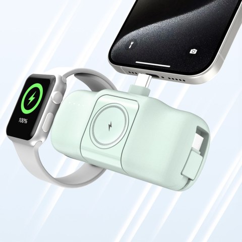 Mini powerbank 5000mAh 15W USB-C i ładowarką do Apple Watch - zielony Mini powerbank 5000mAh 15W USB-C i ładowarką do Apple Watch - zielony