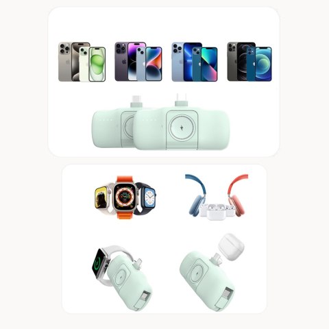 Mini powerbank 5000mAh 15W USB-C i ładowarką do Apple Watch - zielony Mini powerbank 5000mAh 15W USB-C i ładowarką do Apple Watch - zielony