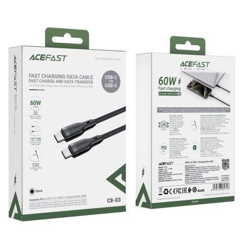 Kabel przewód elastyczny w oplocie USB-C - USB-C 60W 3A 1.2m - czarny Kabel przewód elastyczny w oplocie USB-C - USB-C 60W 3A 1.2m - czarny