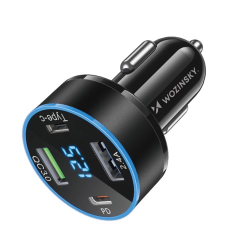 Ładowarka samochodowa z wyświetlaczem 50W 2xUSB-C i 2xUSB-A - czarna Ładowarka samochodowa z wyświetlaczem 50W 2xUSB-C i 2xUSB-A - czarna