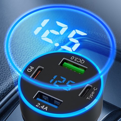 Ładowarka samochodowa z wyświetlaczem 50W 2xUSB-C i 2xUSB-A - czarna Ładowarka samochodowa z wyświetlaczem 50W 2xUSB-C i 2xUSB-A - czarna