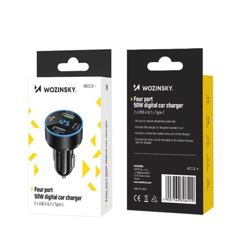 Ładowarka samochodowa z wyświetlaczem 50W 2xUSB-C i 2xUSB-A - czarna Ładowarka samochodowa z wyświetlaczem 50W 2xUSB-C i 2xUSB-A - czarna