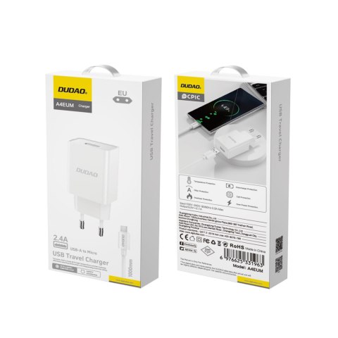 Ładowarka sieciowa USB-A 2.1A + kabel USB-A - microUSB - biała Ładowarka sieciowa USB-A 2.1A + kabel USB-A - microUSB - biała