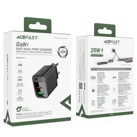 Ładowarka sieciowa A78 GaN USB-A USB-C PD 20W - czarna Ładowarka sieciowa A78 GaN USB-A USB-C PD 20W - czarna