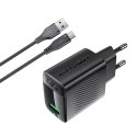 Ładowarka sieciowa A90 GaN USB-A QC 18W + kabel USB-C - czarna