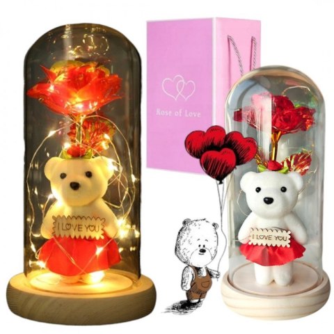 Kryształowa wieczna róża pod szklaną kopułą z misiem I lOVE YOU LED ROZ20 Kryształowa wieczna róża pod szklaną kopułą z misiem I lOVE YOU LED ROZ20