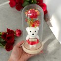 Kryształowa wieczna róża pod szklaną kopułą z misiem I lOVE YOU LED ROZ20