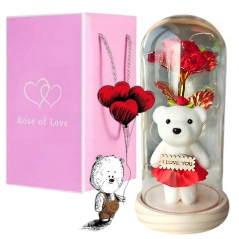 Kryształowa wieczna róża pod szklaną kopułą z misiem I lOVE YOU LED ROZ20 Kryształowa wieczna róża pod szklaną kopułą z misiem I lOVE YOU LED ROZ20