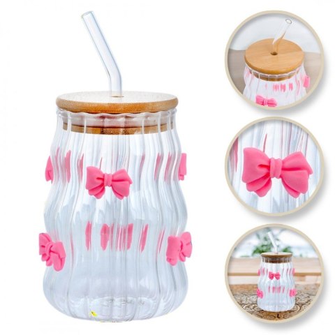 Szklanka, różowe kokardki z rurką i bambusową pokrywką 450 ml - SZK95 Szklanka, różowe kokardki z rurką i bambusową pokrywką 450 ml - SZK95