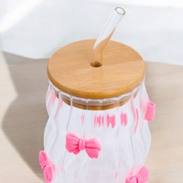 Szklanka, różowe kokardki z rurką i bambusową pokrywką 450 ml - SZK95