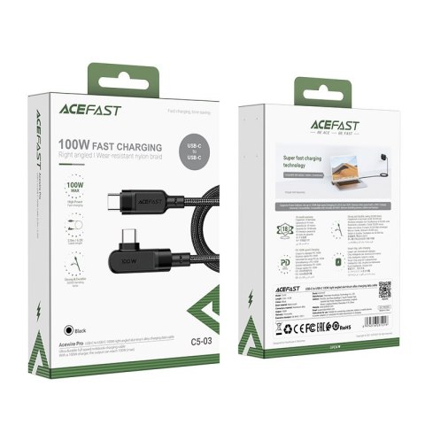 Kabel przewód kątowy w oplocie USB-C 100W 20V 5A 2m czarny Kabel przewód kątowy w oplocie USB-C 100W 20V 5A 2m czarny