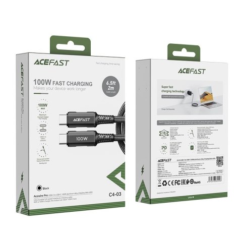 Kabel przewód w oplocie USB-C 100W 20V 5A 2m czarny Kabel przewód w oplocie USB-C 100W 20V 5A 2m czarny