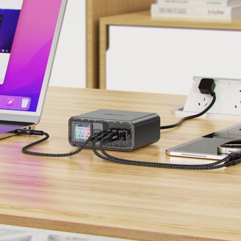 Stacja zasilania ładowarka PD 218W GaN z 4 portami 3x USB-C + USB-A szary Stacja zasilania ładowarka PD 218W GaN z 4 portami 3x USB-C + USB-A szary