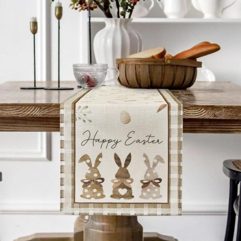 Lniany bieżnik na stół wielkanocny, króliczki HAPPY EASTER 180 x 33cm BZK01 Lniany bieżnik na stół wielkanocny, króliczki HAPPY EASTER 180 x 33cm BZK01