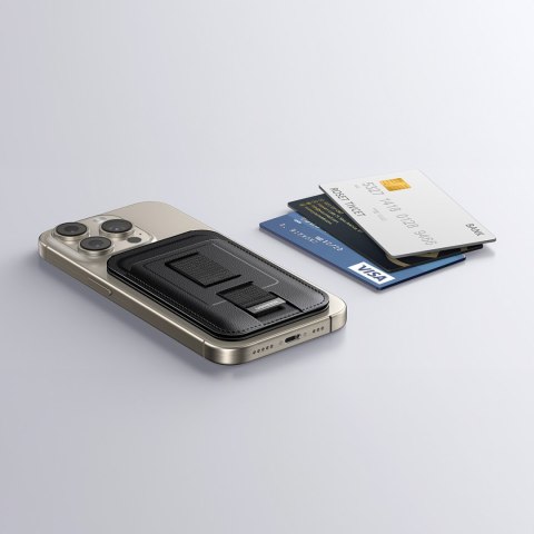 Portfel na karty Magnetic Wallet MagSafe z podstawką i uchwytem na palec - czarny Portfel na karty Magnetic Wallet MagSafe z podstawką i uchwytem na palec - czarny