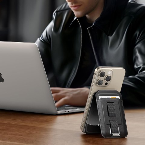 Portfel na karty Magnetic Wallet MagSafe z podstawką i uchwytem na palec - czarny Portfel na karty Magnetic Wallet MagSafe z podstawką i uchwytem na palec - czarny