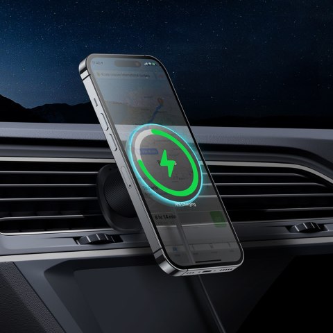 Uchwyt samochodowy na iPhone z ładowarką indukcyjną 15W na kratkę nawiewu - czarny Uchwyt samochodowy na iPhone z ładowarką indukcyjną 15W na kratkę nawiewu - czarny