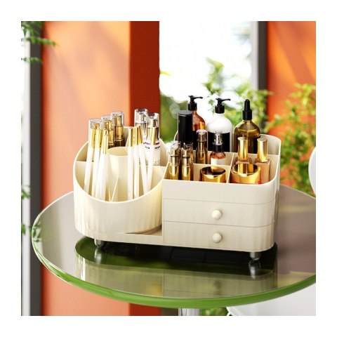 Organizer na pędzle, kosmetyki, obrotowy z szufladkami, kremowy 31 x 14,5 x 11,6 cm CB66 Organizer na pędzle, kosmetyki, obrotowy z szufladkami, kremowy 31 x 14,5 x 11,6 cm CB66