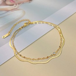 Bransoletka na stopę stal chirurgiczna pozłacana 14k złotem, podwójna, żyłka cyrkonie BST1513